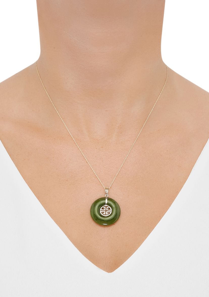 Natural Jade Circle Pendant Necklace with 18" Rope Chain in 10K Yellow Gold