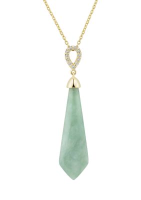Belk & Co Lab Created Sword Shape Natural Jade And White Sapphire Pendent Necklace With 18"" Rope Chain In 10K Yellow Gold