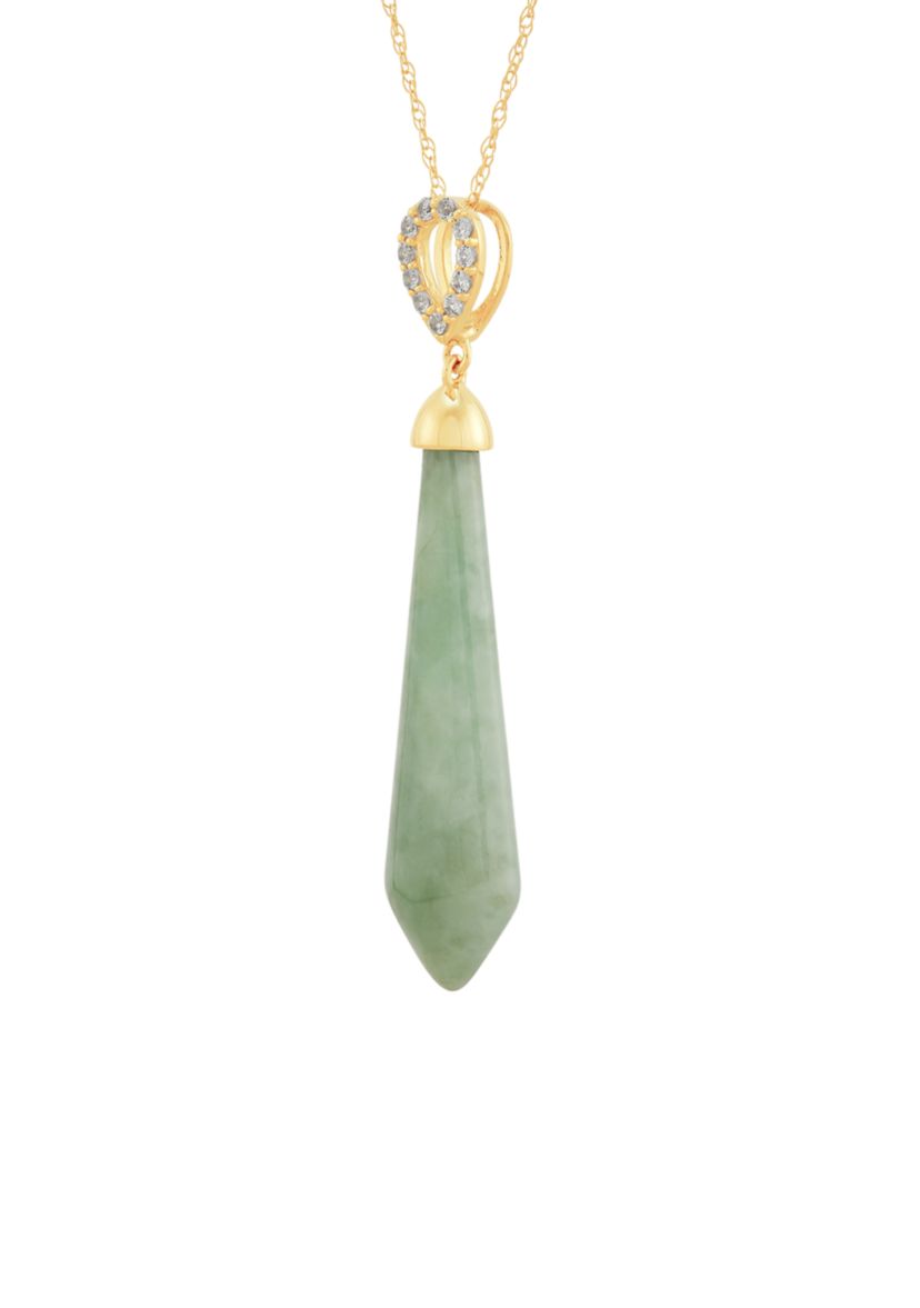 Lab Created Sword Shape Natural Jade and White Sapphire Pendent Necklace with 18" Rope Chain in 10K Yellow Gold