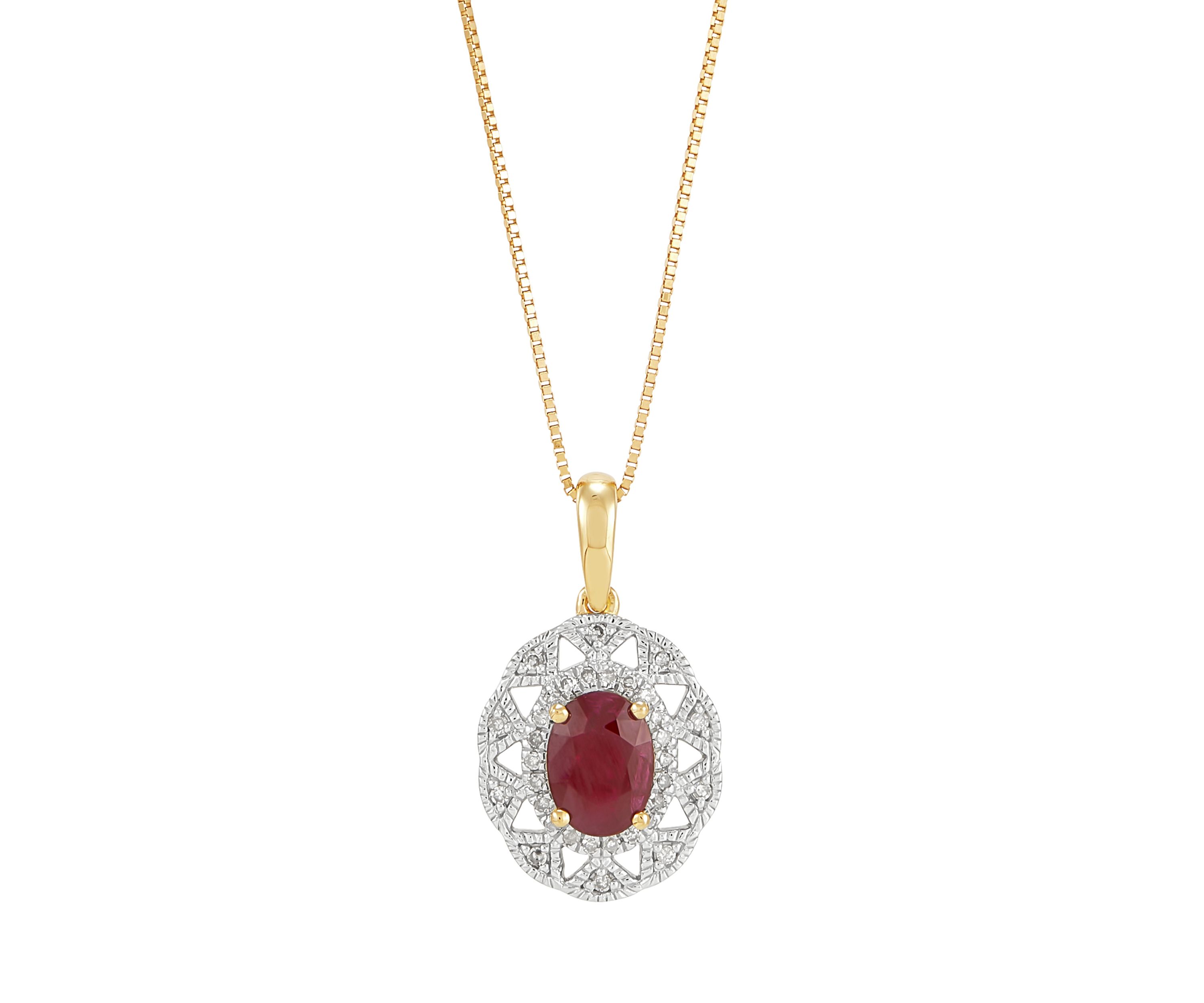 1/10 ct. t.w. Diamond and Ruby Oval Drop Pendant Necklace with 18" Box Chain in 10K Yellow Gold