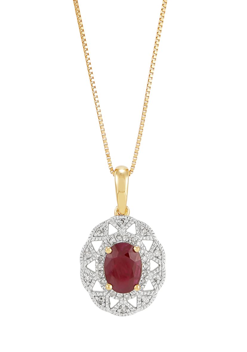 1/10 ct. t.w. Diamond and Ruby Oval Drop Pendant Necklace with 18" Box Chain in 10K Yellow Gold