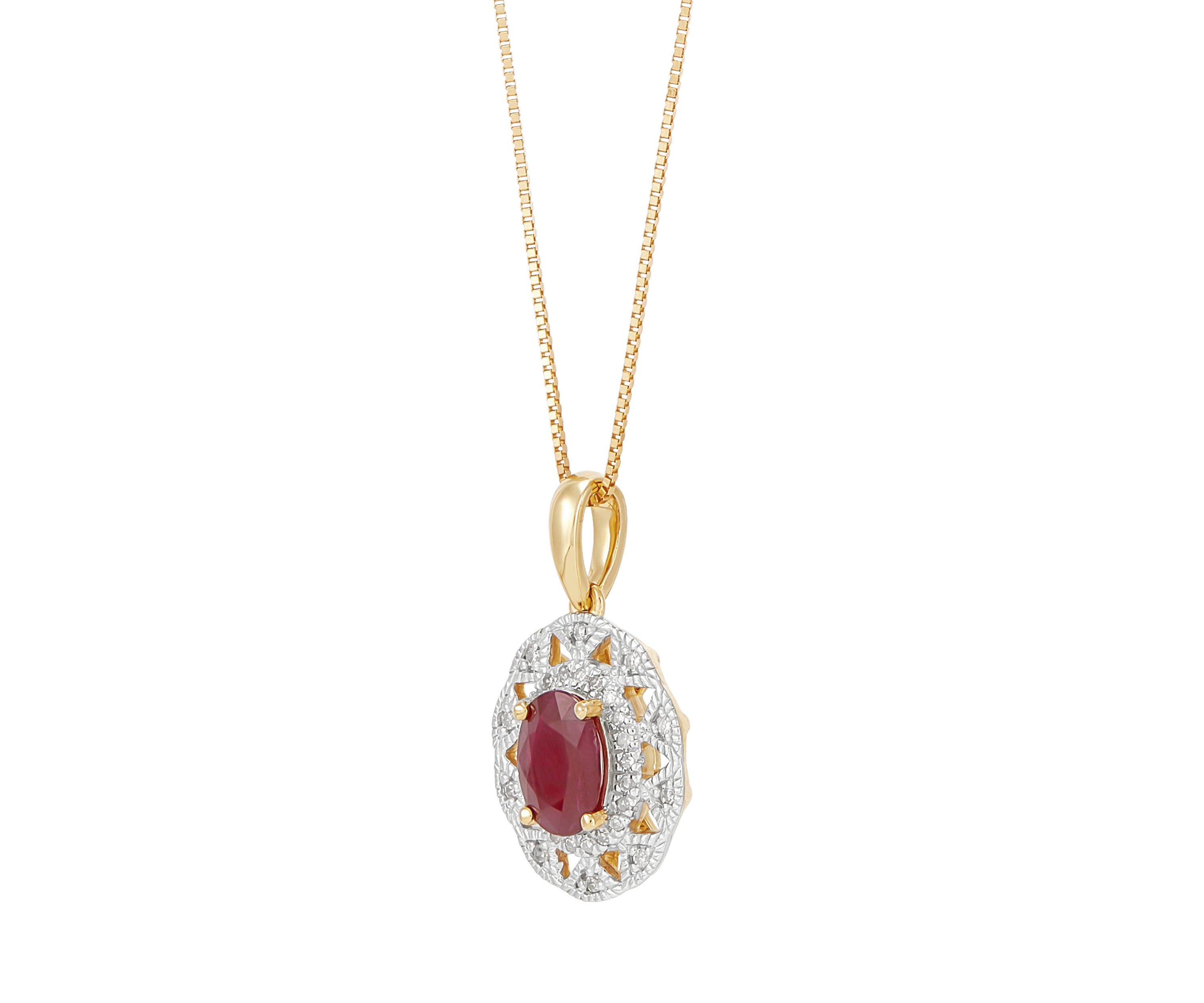 1/10 ct. t.w. Diamond and Ruby Oval Drop Pendant Necklace with 18" Box Chain in 10K Yellow Gold