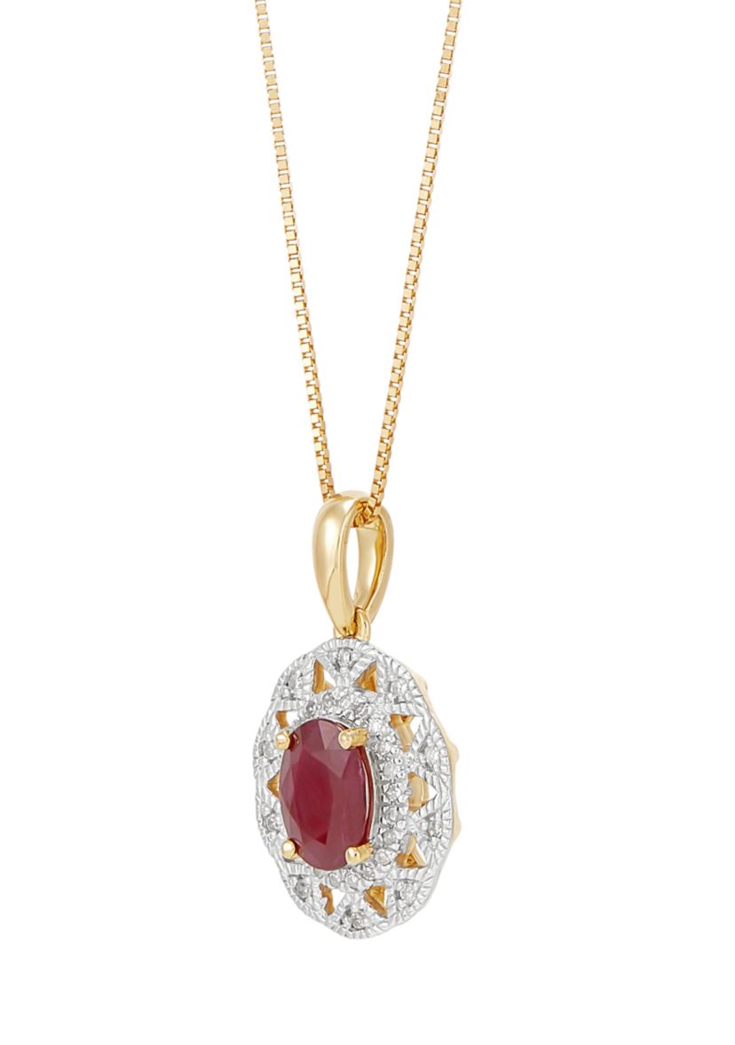 1/10 ct. t.w. Diamond and Ruby Oval Drop Pendant Necklace with 18" Box Chain in 10K Yellow Gold