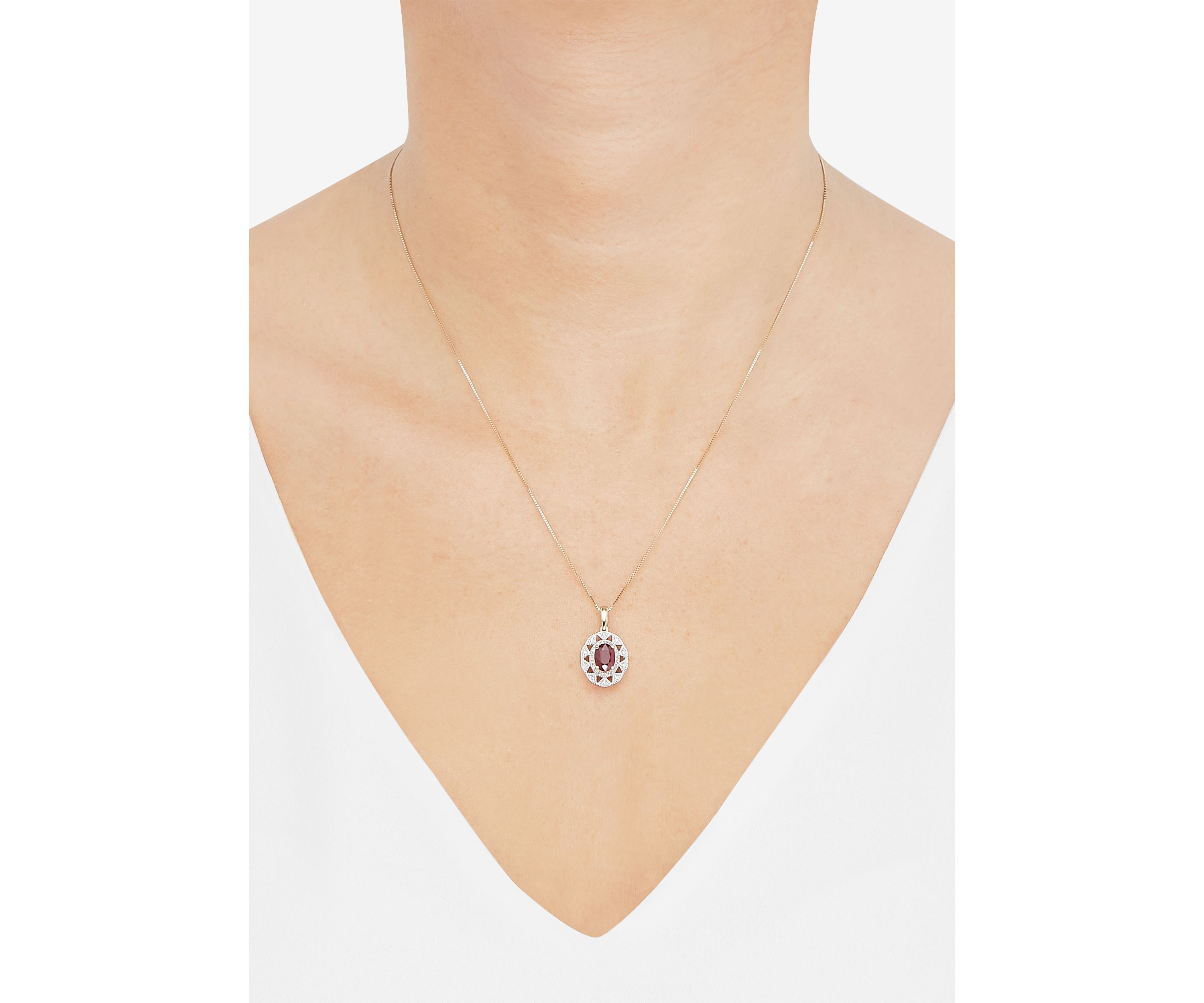 1/10 ct. t.w. Diamond and Ruby Oval Drop Pendant Necklace with 18" Box Chain in 10K Yellow Gold