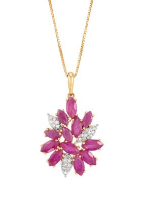 Belk & Co 1/10 Ct. T.w. Diamond And Ruby Flower Pendant Necklace With 18"" Box Chain In 10K Yellow Gold
