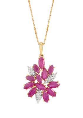 Belk & Co 1/10 ct. t.w. Diamond and Ruby Flower Pendant Necklace with 18" Box Chain in 10K Yellow Gold