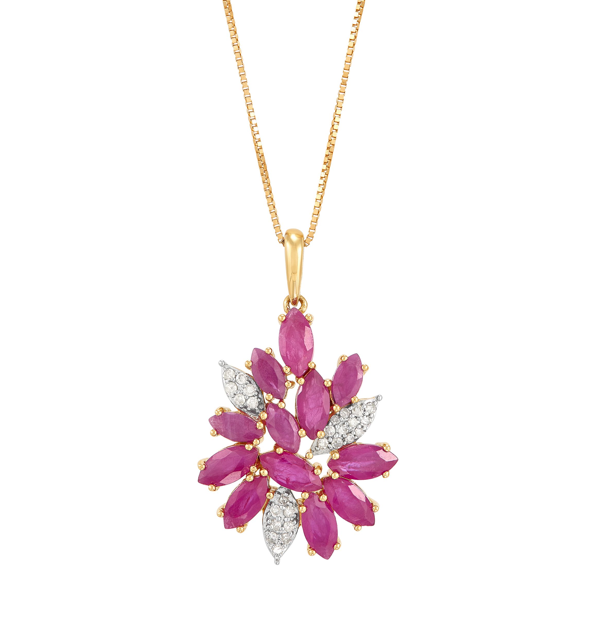 1/10 ct. t.w. Diamond and Ruby Flower Pendant Necklace with 18" Box Chain in 10K Yellow Gold
