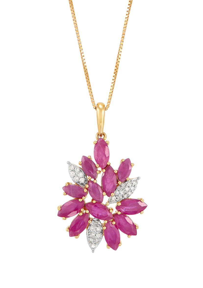 1/10 ct. t.w. Diamond and Ruby Flower Pendant Necklace with 18" Box Chain in 10K Yellow Gold