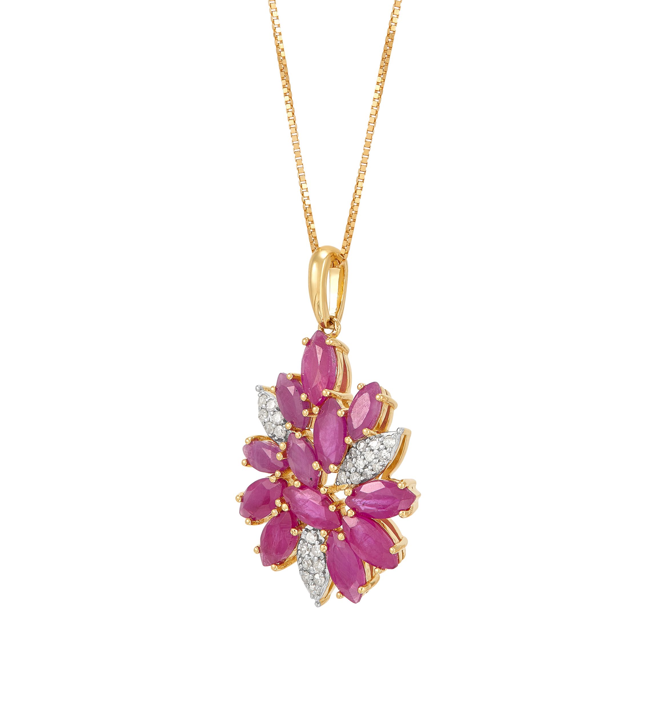 1/10 ct. t.w. Diamond and Ruby Flower Pendant Necklace with 18" Box Chain in 10K Yellow Gold