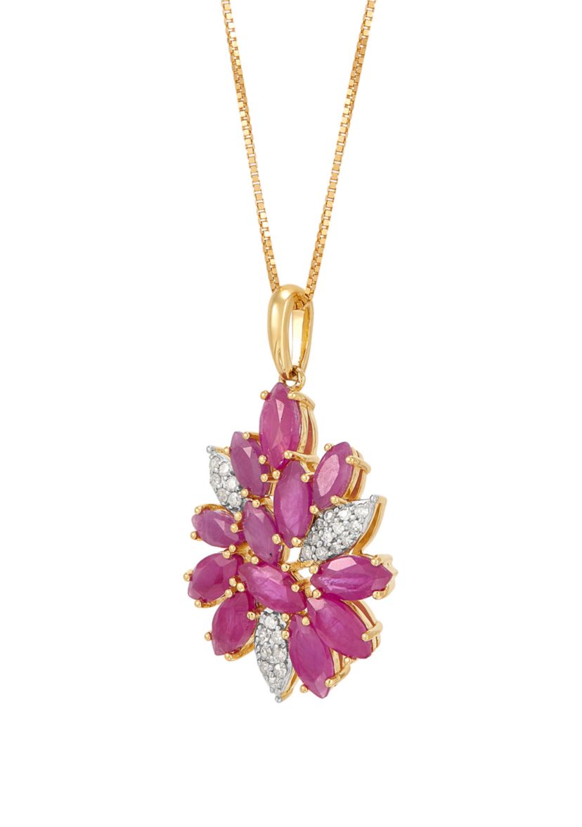 1/10 ct. t.w. Diamond and Ruby Flower Pendant Necklace with 18" Box Chain in 10K Yellow Gold