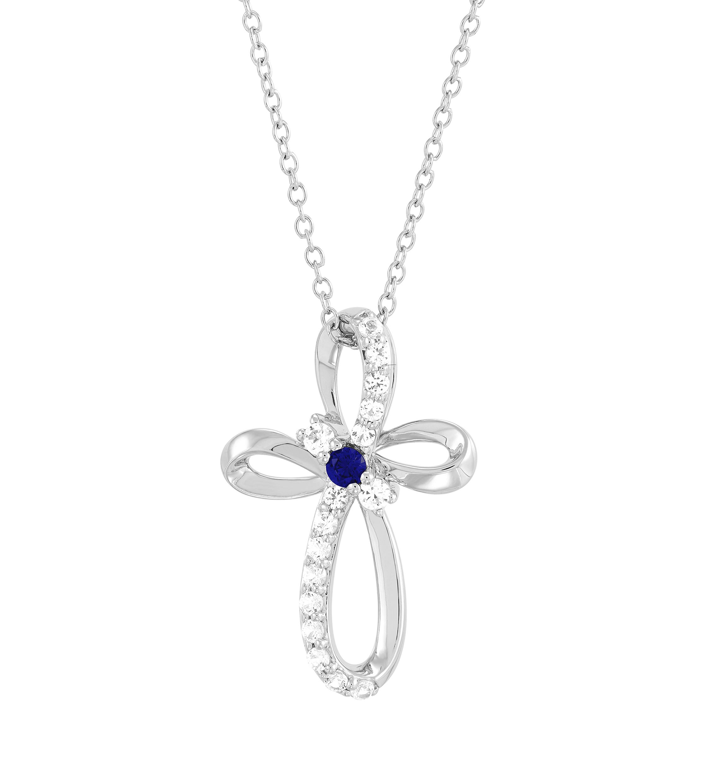 Created Sapphire and Created White Swirly Cross Sapphire Pendant Necklace with 18" Cable Chain in Sterling Silver