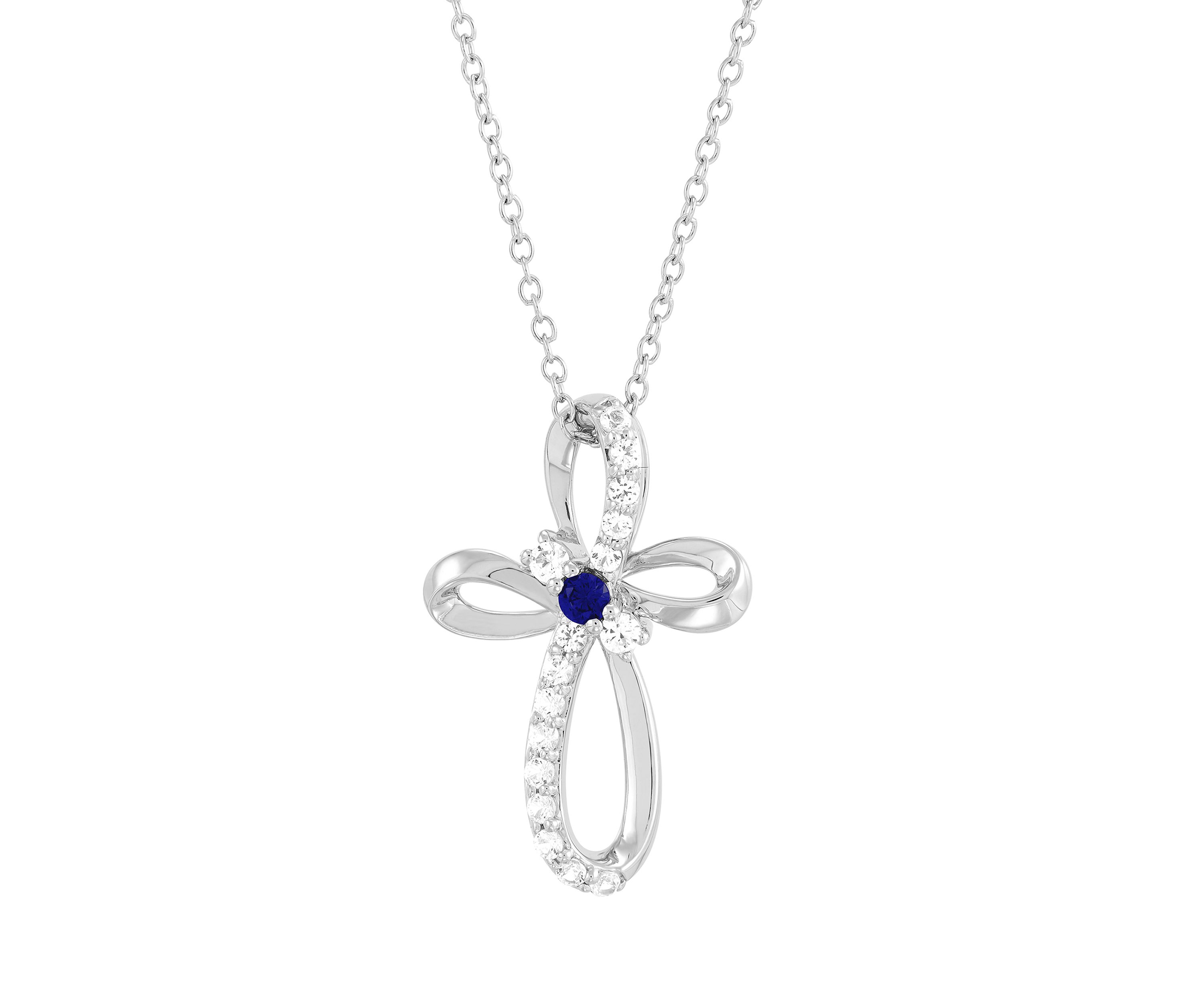 Created Sapphire and Created White Swirly Cross Sapphire Pendant Necklace with 18" Cable Chain in Sterling Silver