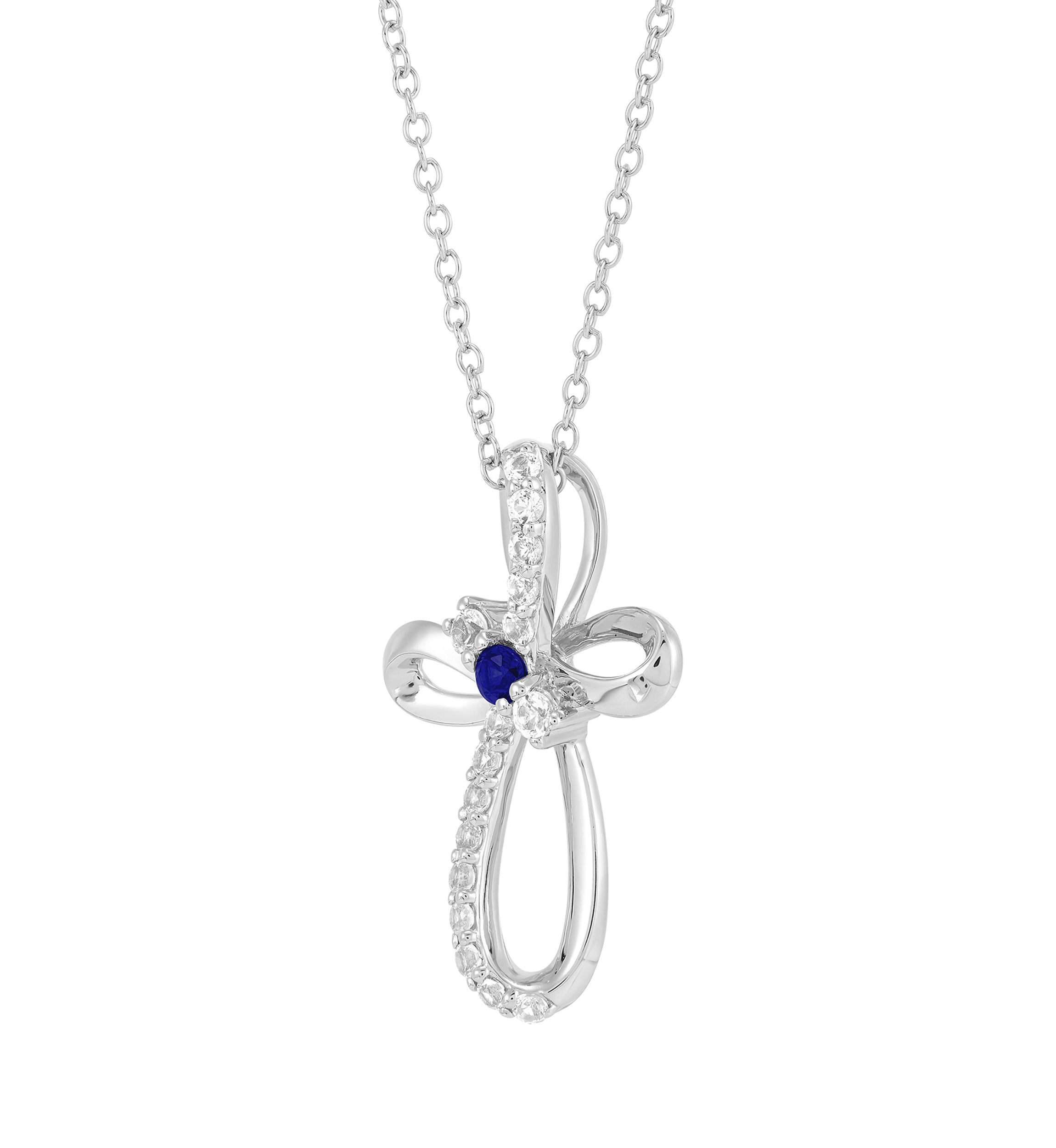 Created Sapphire and Created White Swirly Cross Sapphire Pendant Necklace with 18" Cable Chain in Sterling Silver