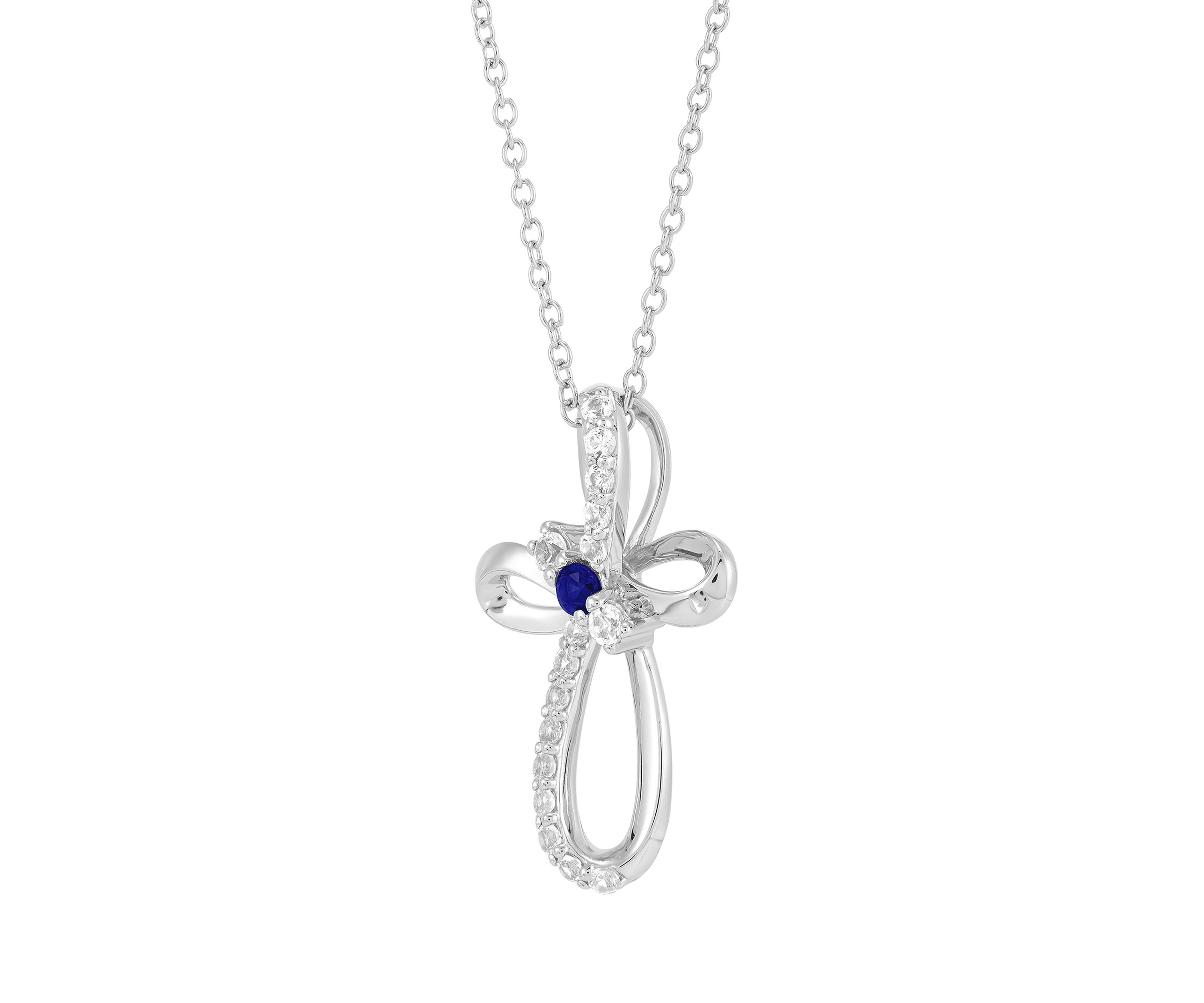 Created Sapphire and Created White Swirly Cross Sapphire Pendant Necklace with 18" Cable Chain in Sterling Silver