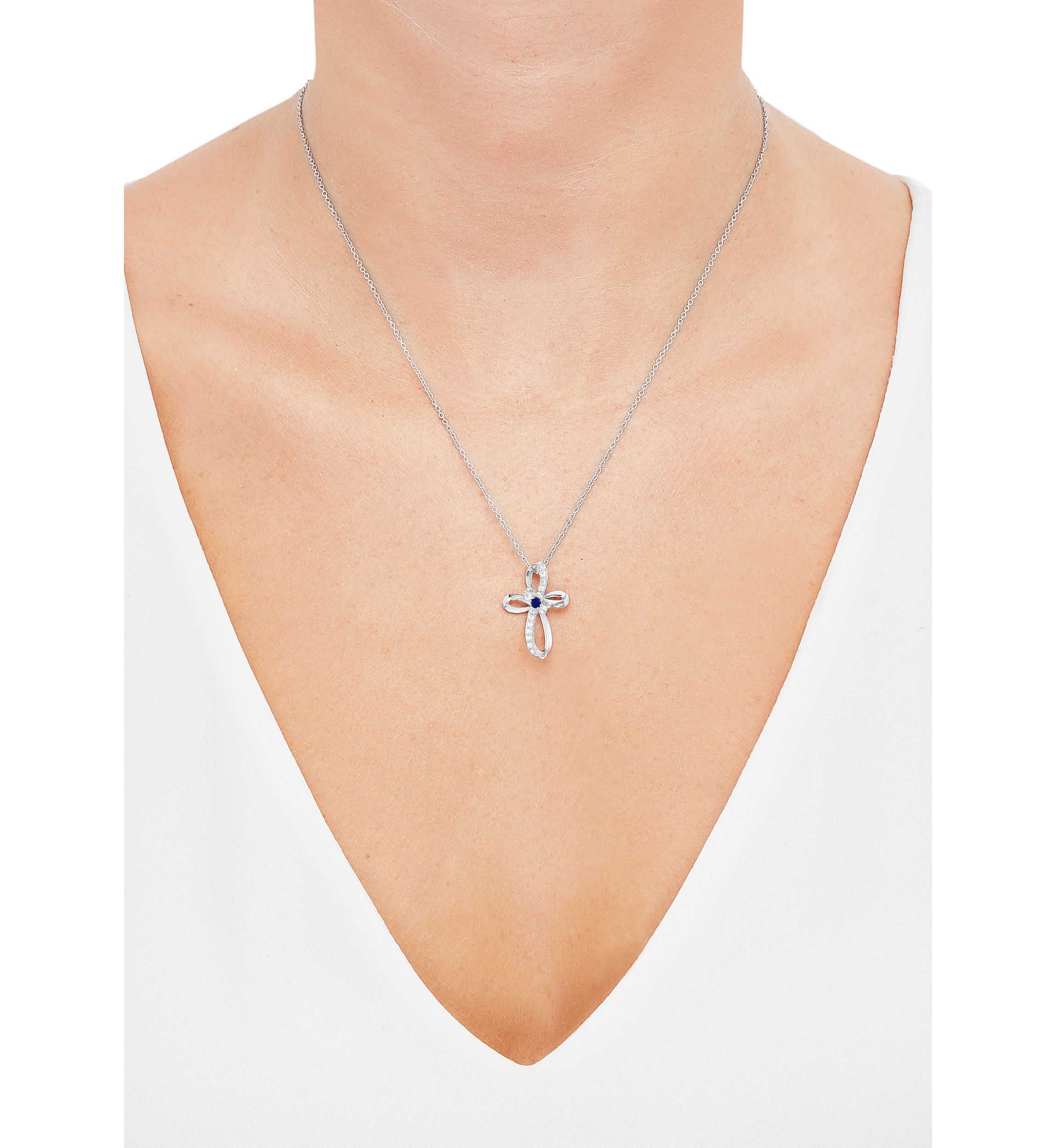 Created Sapphire and Created White Swirly Cross Sapphire Pendant Necklace with 18" Cable Chain in Sterling Silver