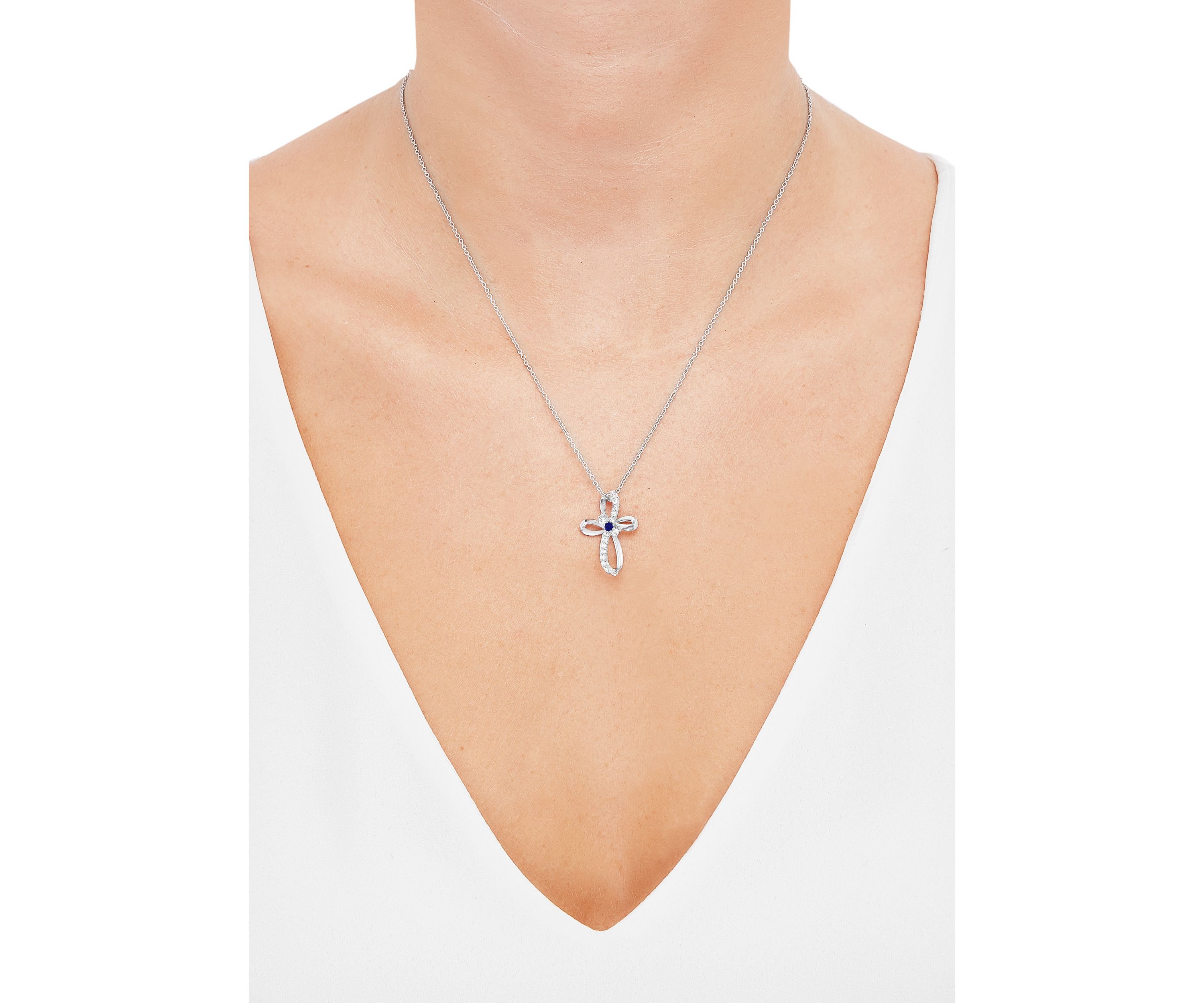 Created Sapphire and Created White Swirly Cross Sapphire Pendant Necklace with 18" Cable Chain in Sterling Silver