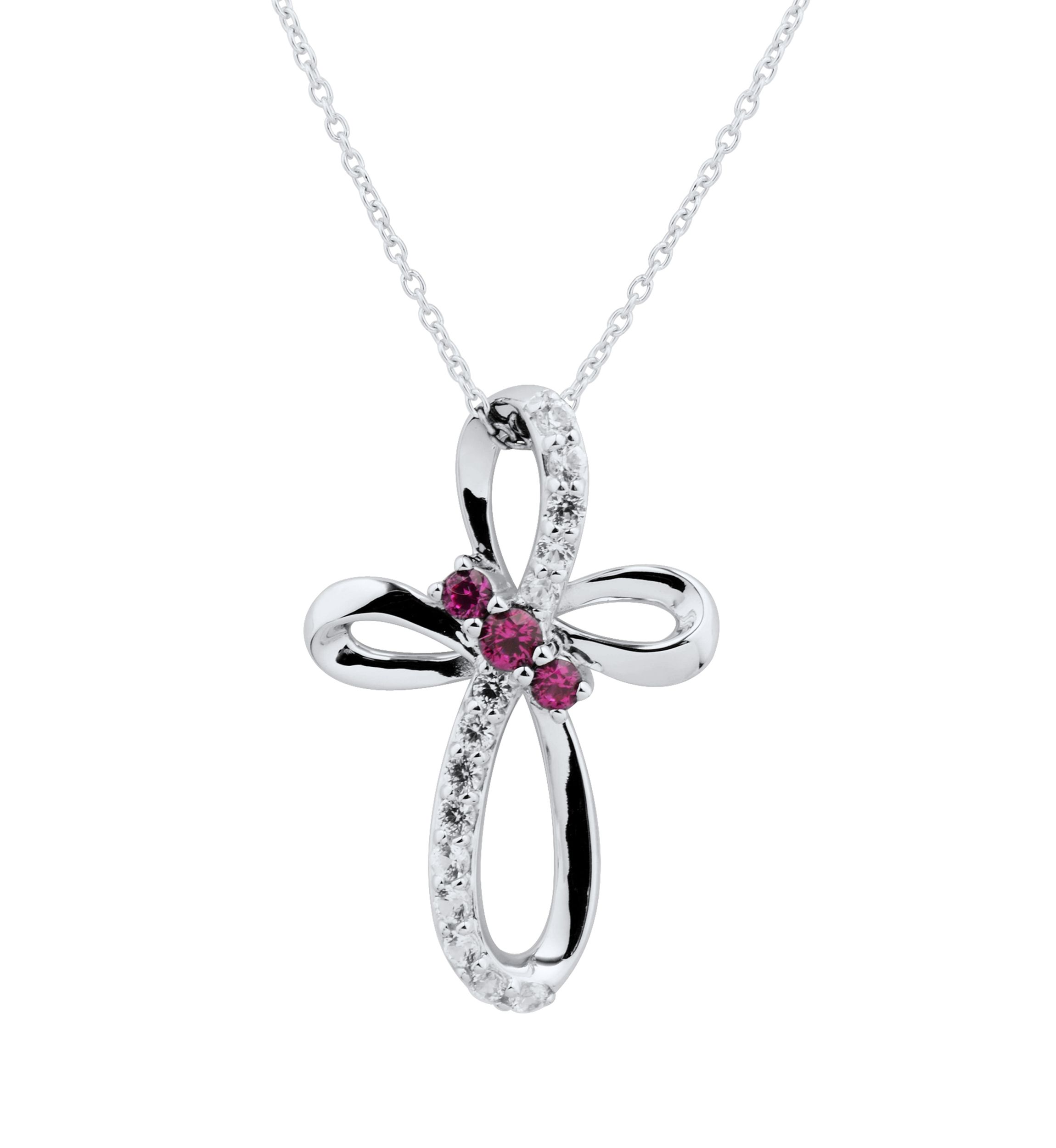 Lab Created Ruby and White Sapphire Cross Pendant Necklace with 18" Cable Chain in Sterling Silver