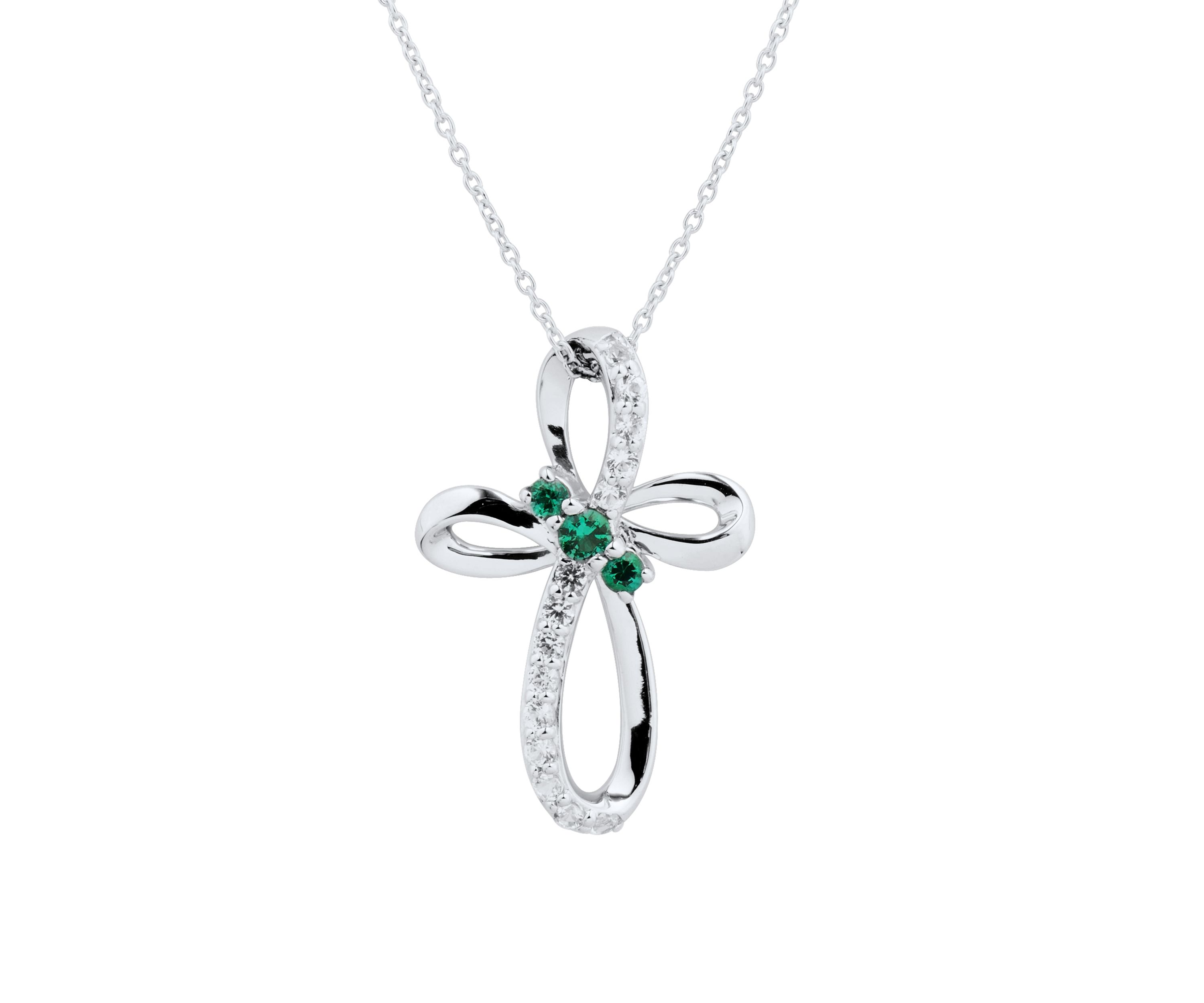 Lab Created Emerald and White Sapphire Cross Pendant Necklace with 18" Cable Chain in Sterling Silver