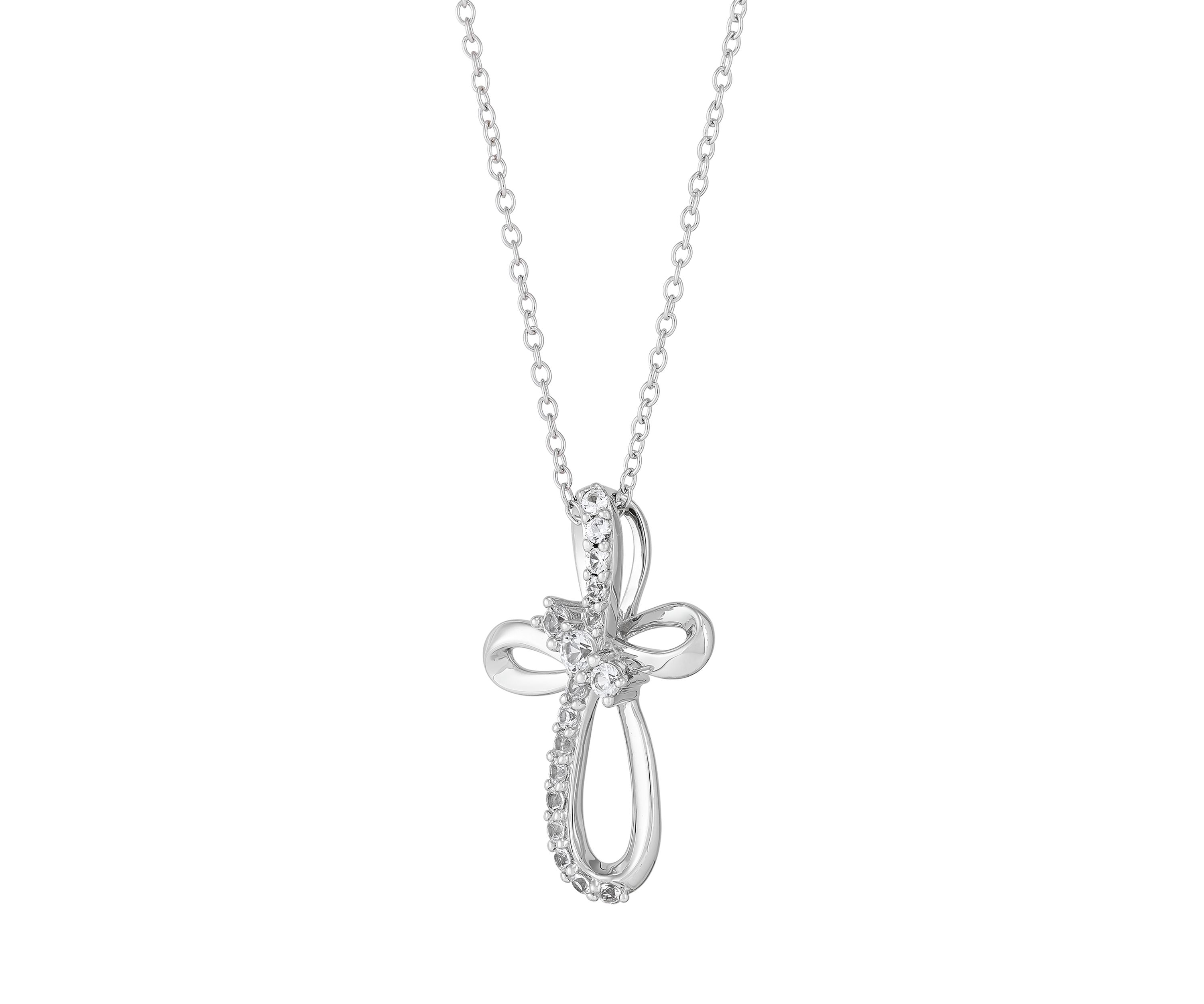 Lab Grown White Sapphire Cross Pendant with 18" Cable Chain in Sterling Silver
