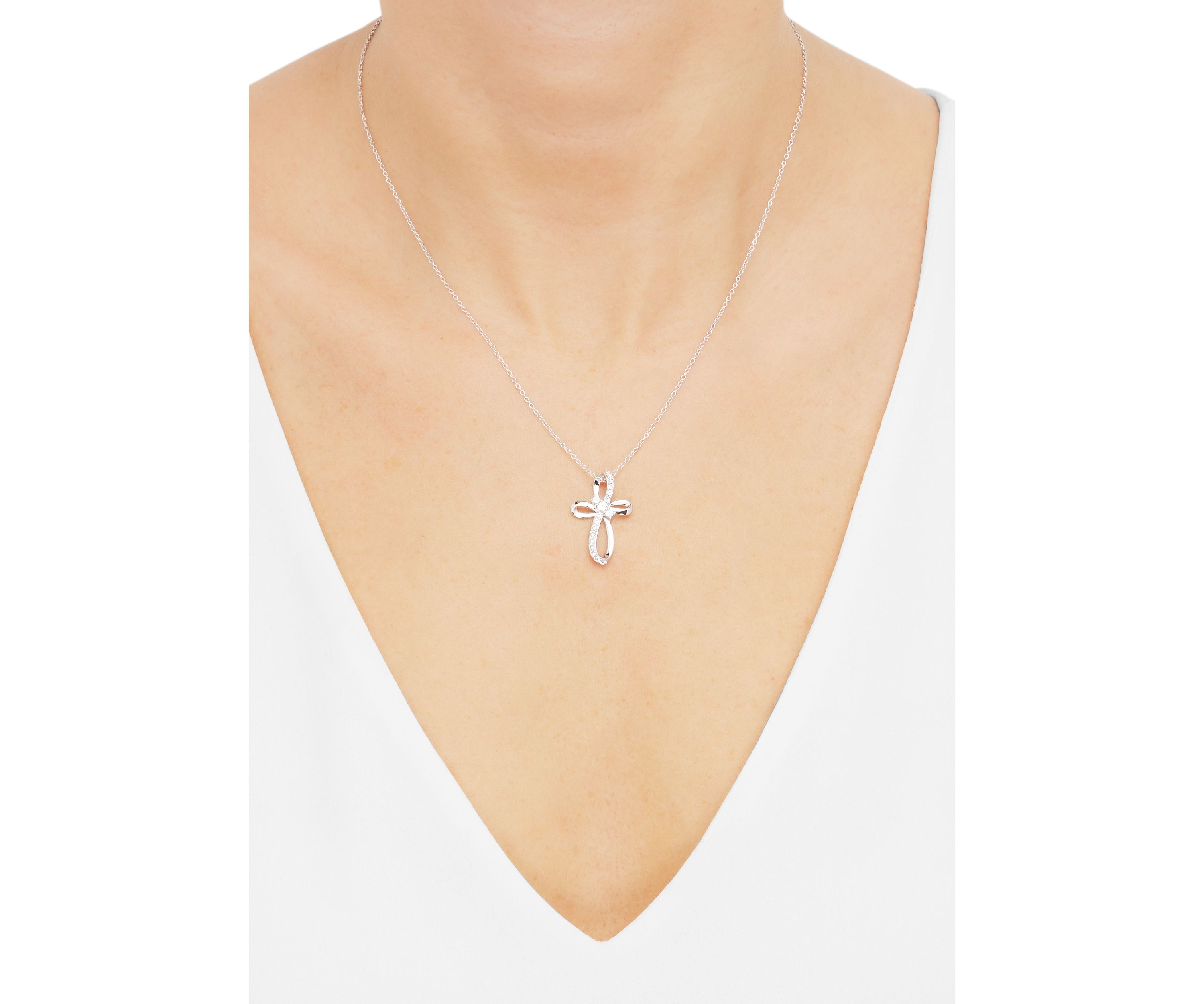 Lab Grown White Sapphire Cross Pendant with 18" Cable Chain in Sterling Silver