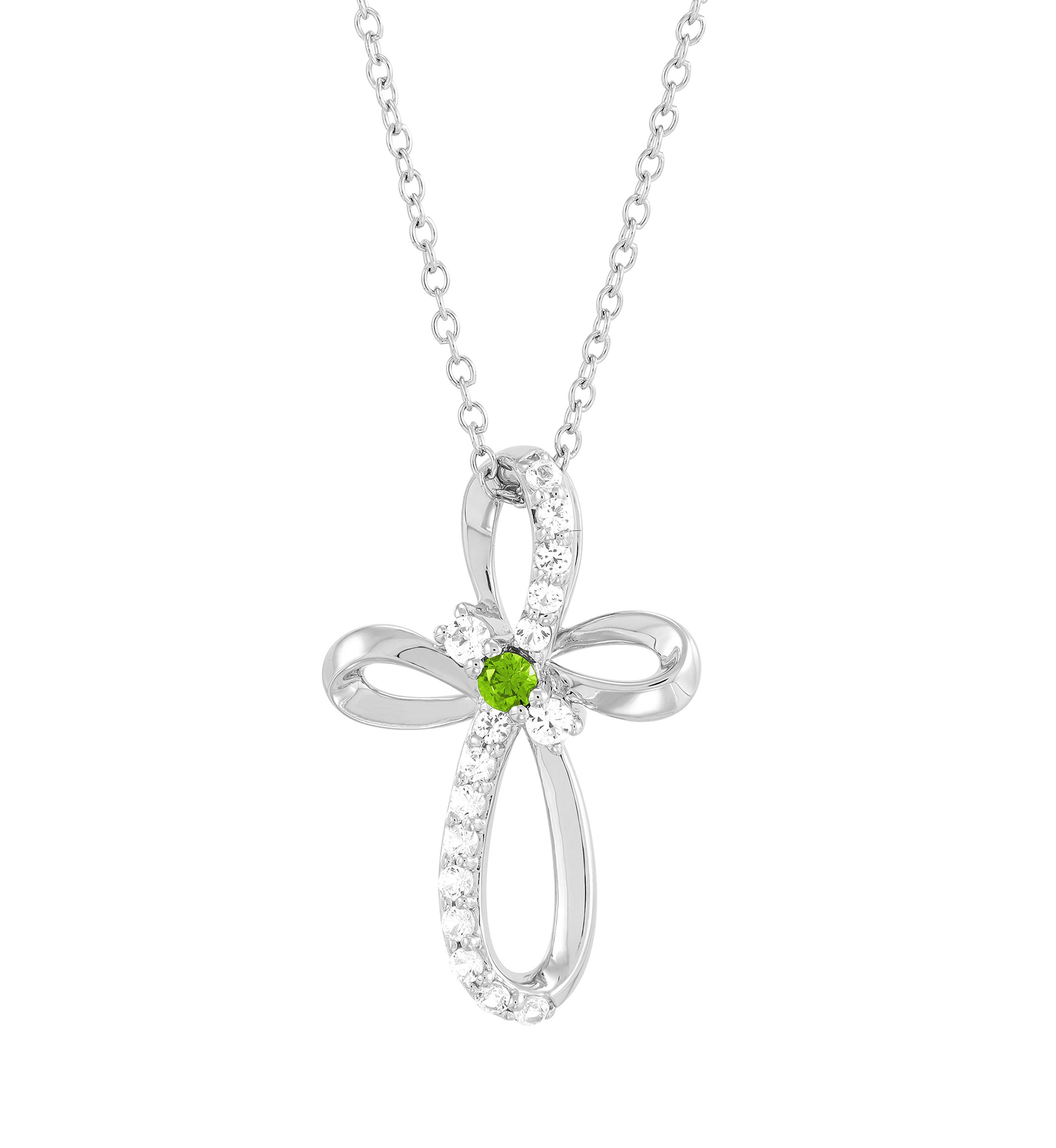 Peridot and Created White Sapphire Cross Pendant Necklace with 18" Cable Chain in Sterling Silver