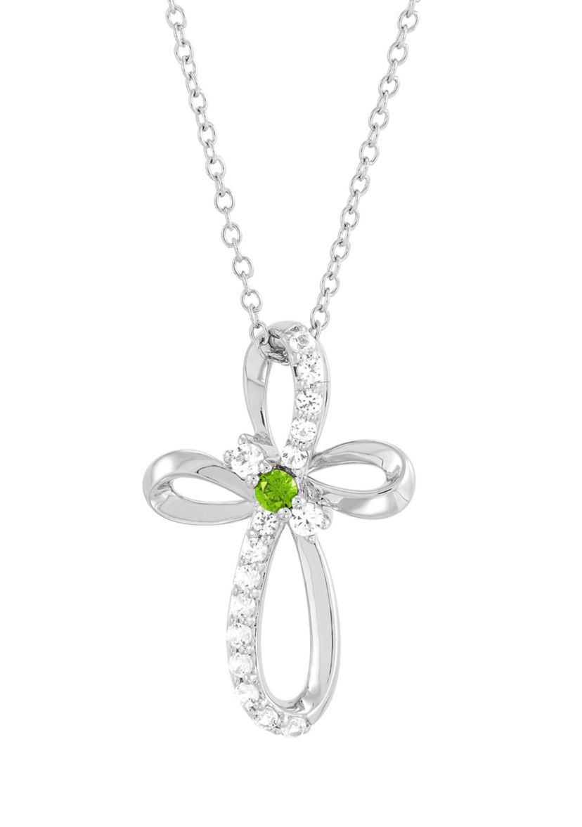 Peridot and Created White Sapphire Cross Pendant Necklace with 18" Cable Chain in Sterling Silver