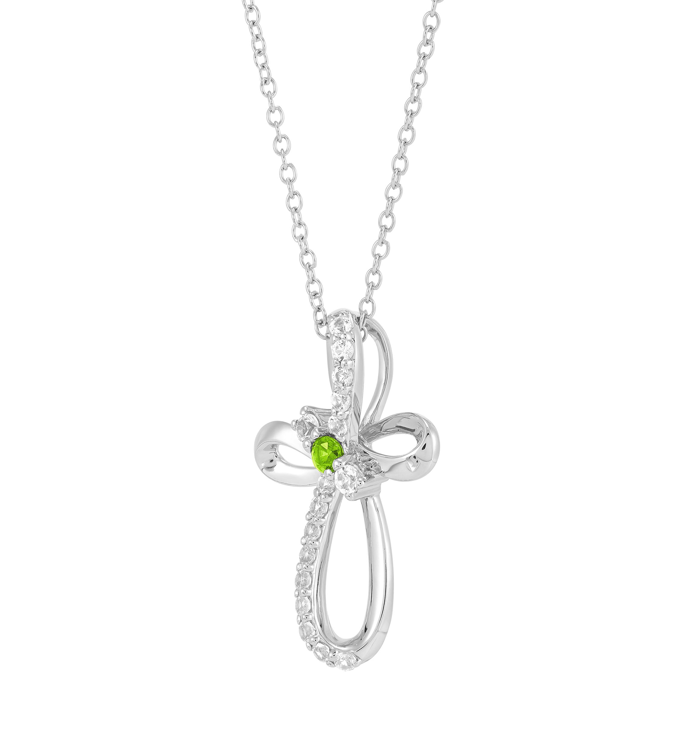 Peridot and Created White Sapphire Cross Pendant Necklace with 18" Cable Chain in Sterling Silver