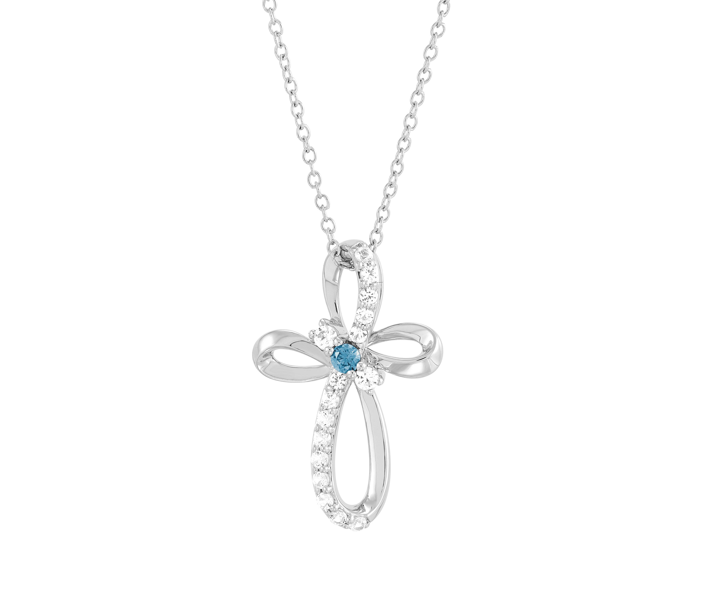Aquamarine and Created White Sapphire Swirly Cross Pendant Necklace with 18" Cable Chain in Sterling Silver