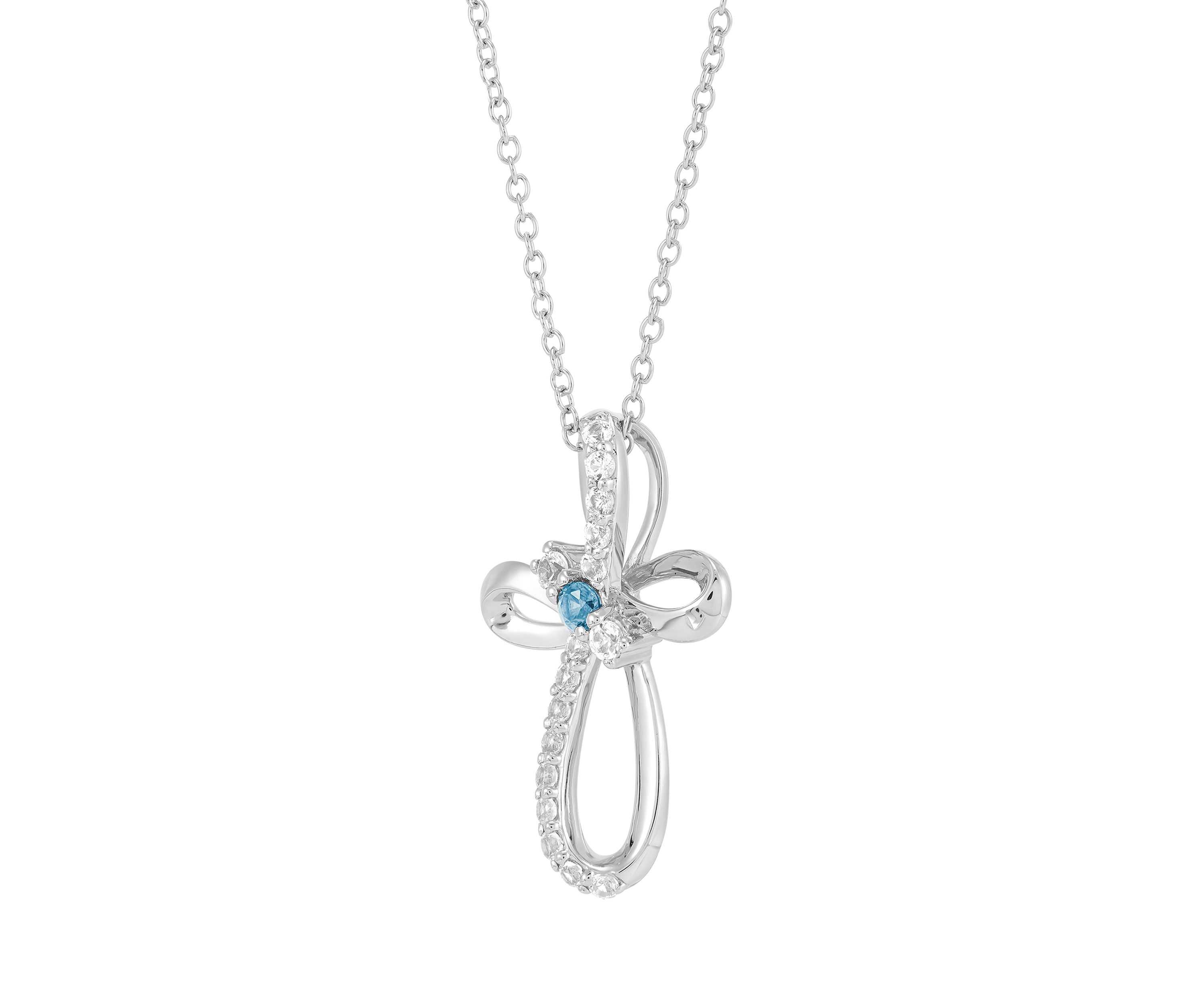 Aquamarine and Created White Sapphire Swirly Cross Pendant Necklace with 18" Cable Chain in Sterling Silver