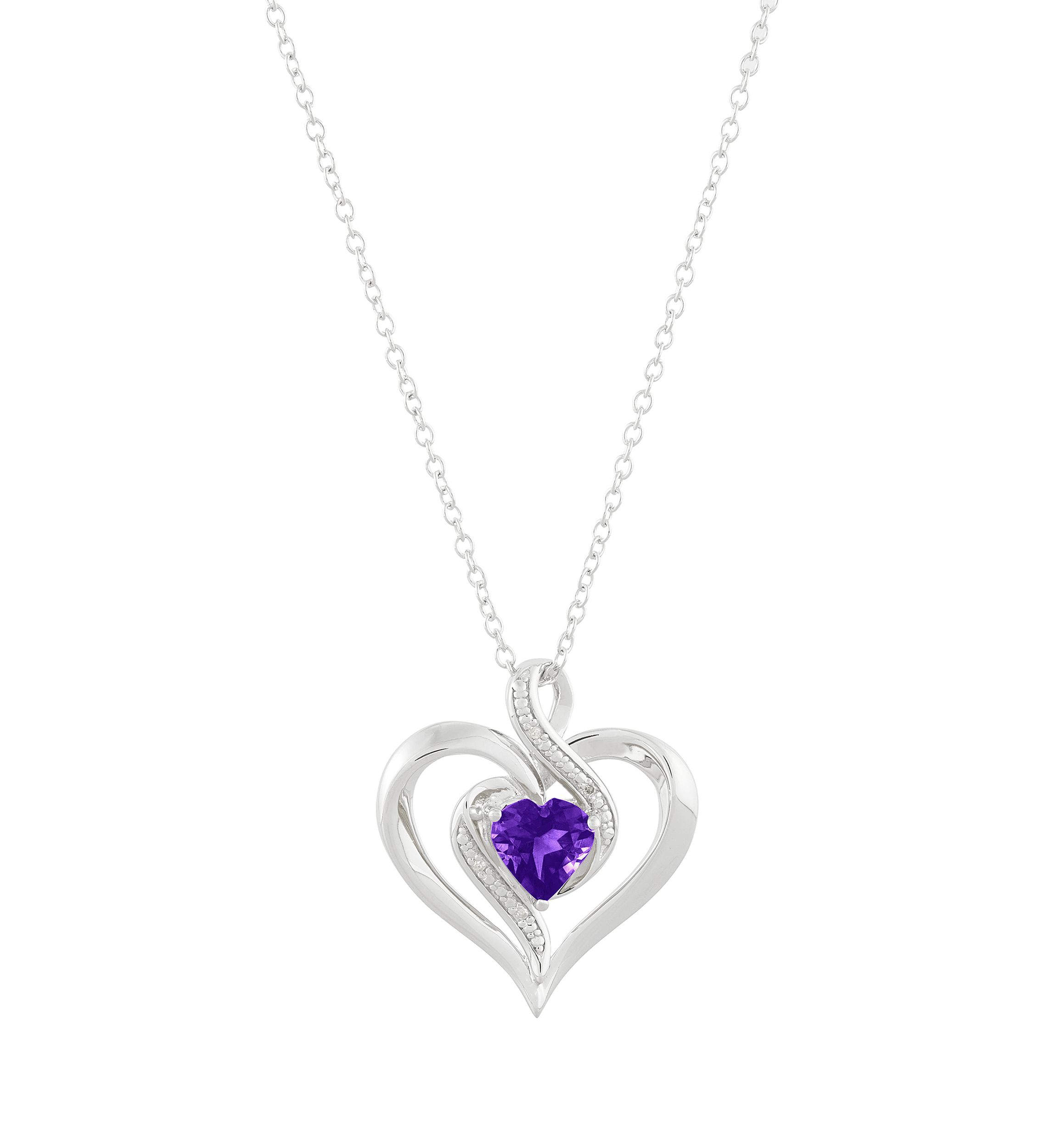 1/10 ct. t.w. Diamond and Amethyst Heart Pendant Necklace with 18" Cable Chain in Sterling Silver