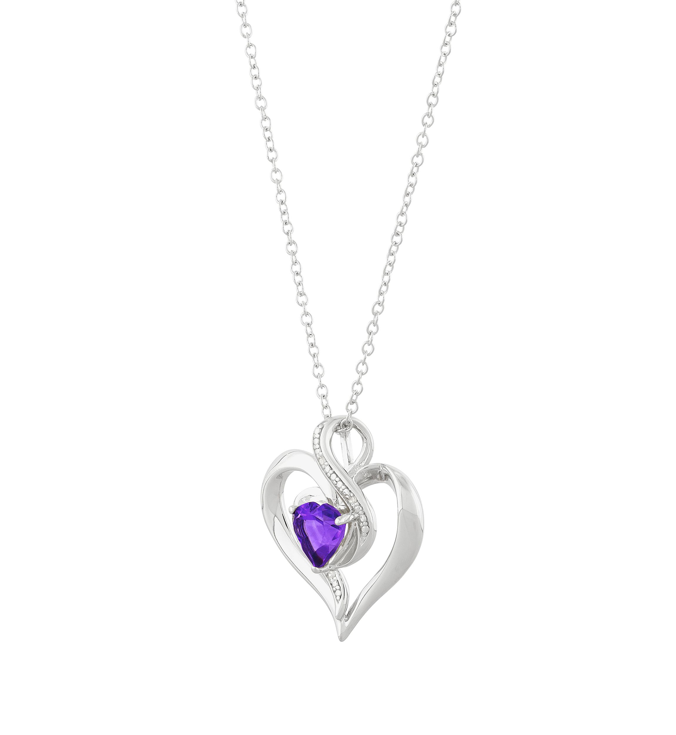 1/10 ct. t.w. Diamond and Amethyst Heart Pendant Necklace with 18" Cable Chain in Sterling Silver
