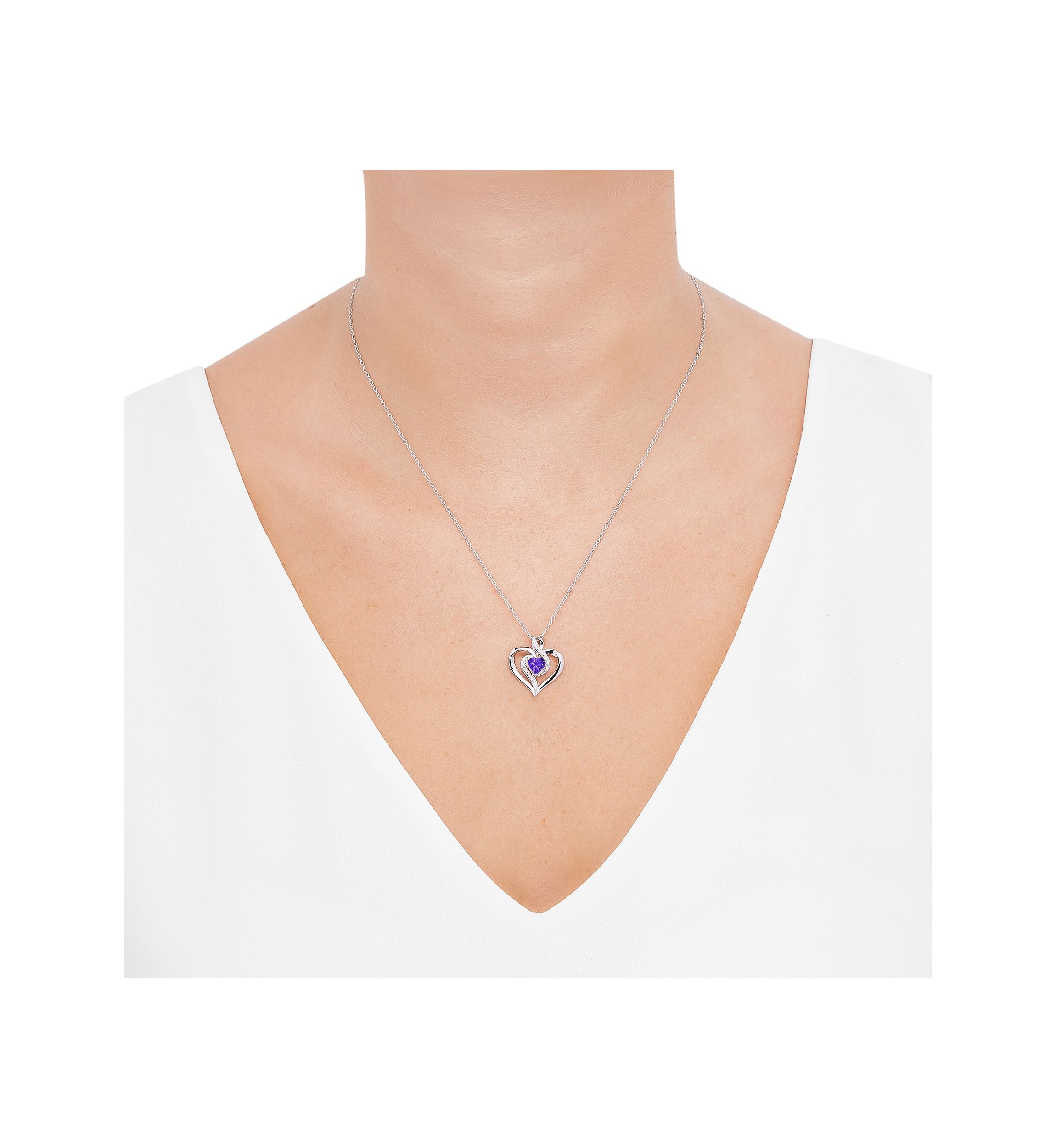 1/10 ct. t.w. Diamond and Amethyst Heart Pendant Necklace with 18" Cable Chain in Sterling Silver
