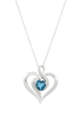 Belk & Co 1/10 Ct. T.w. Diamond And London Blue Topaz Heart Pendant Necklace With 18"" Cable Chain In Sterling Silver