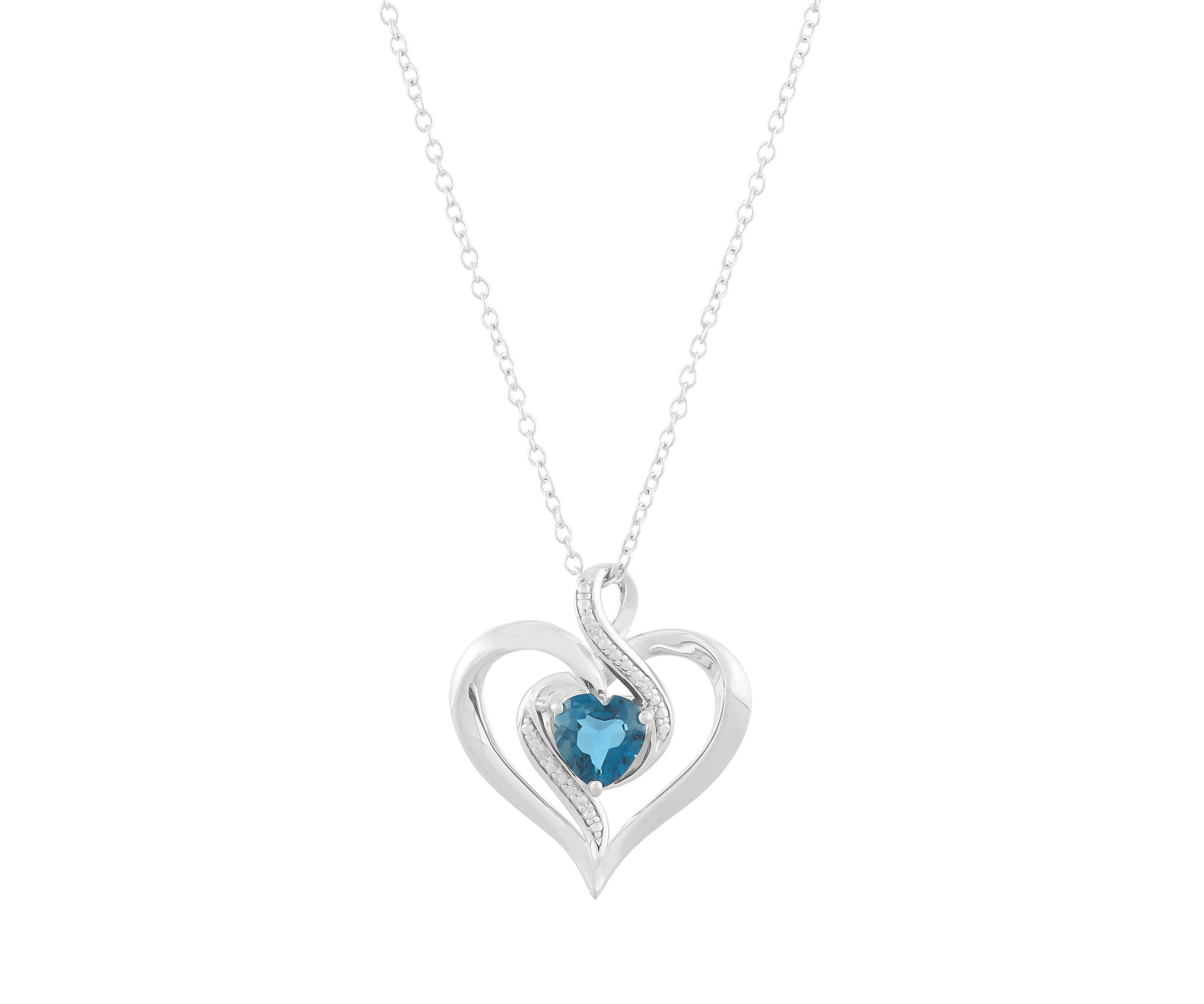 1/10 ct. t.w. Diamond and London Blue Topaz Heart Pendant Necklace with 18" Cable Chain in Sterling Silver