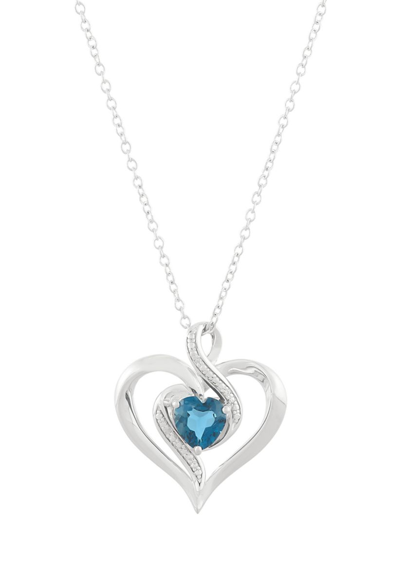 1/10 ct. t.w. Diamond and London Blue Topaz Heart Pendant Necklace with 18" Cable Chain in Sterling Silver