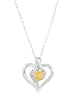 Belk & Co 1/10 Ct. T.w. Diamond And Citrine Heart Pendant Necklace With 18"" Cable Chain In Sterling Silver