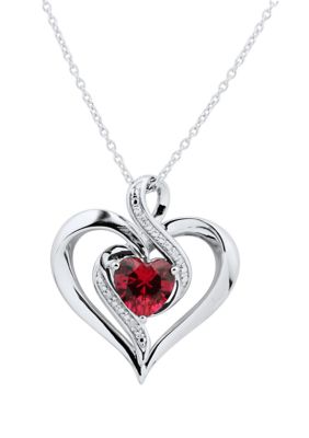 Belk & Co 1/10 Ct. T.w. Diamond And Lab Created Ruby Heart Pendant Necklace With 18"" Cable Chain In Sterling Silver