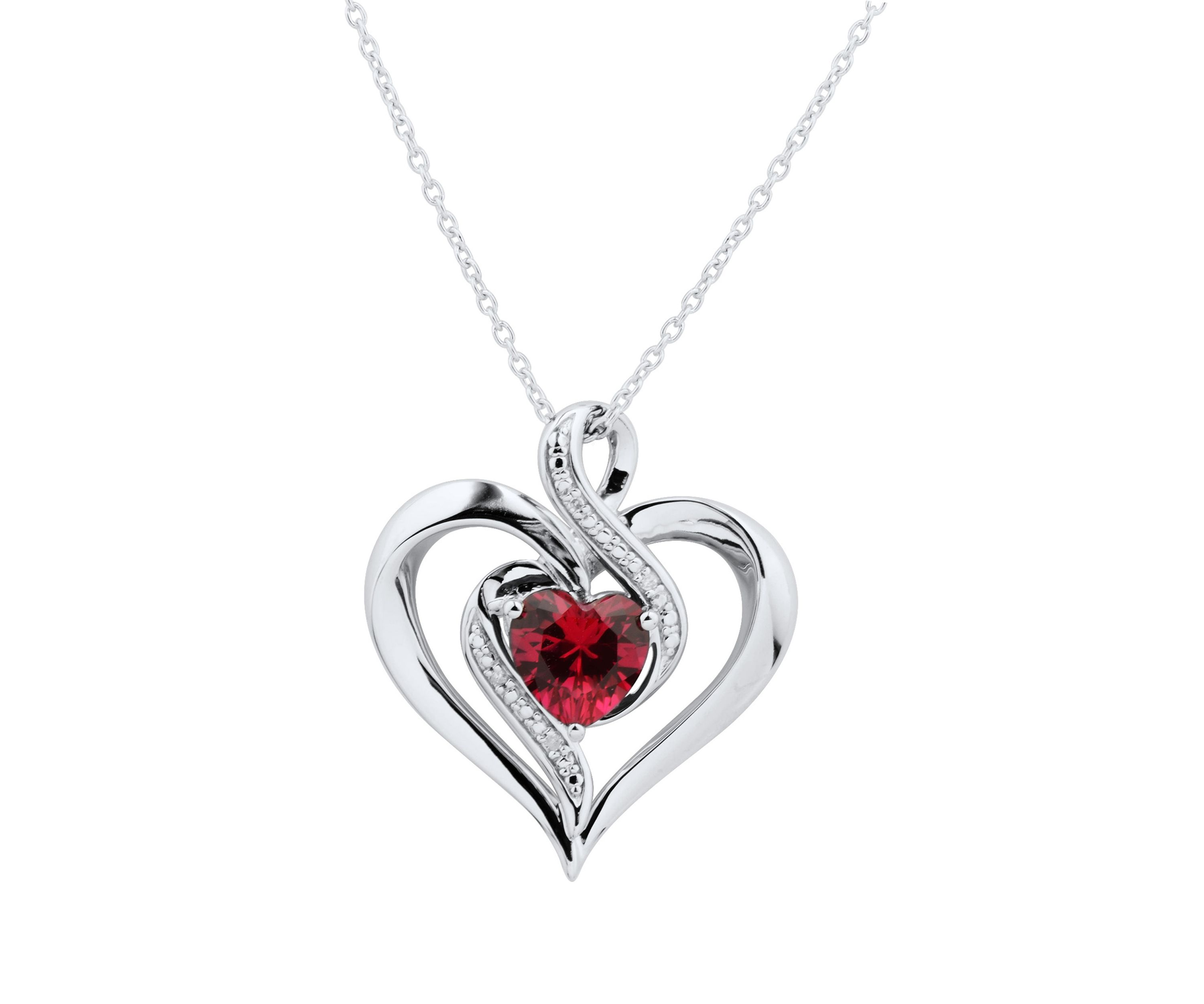 1/10 ct. t.w. Diamond and Lab Created Ruby Heart Pendant Necklace with 18" Cable Chain in Sterling Silver