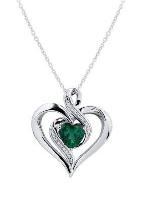 Belk & Co 1/10 Ct. T.w. Diamond And Lab Created Emerald Heart Pendant Necklace With 18"" Cable Chain In Sterling Silver