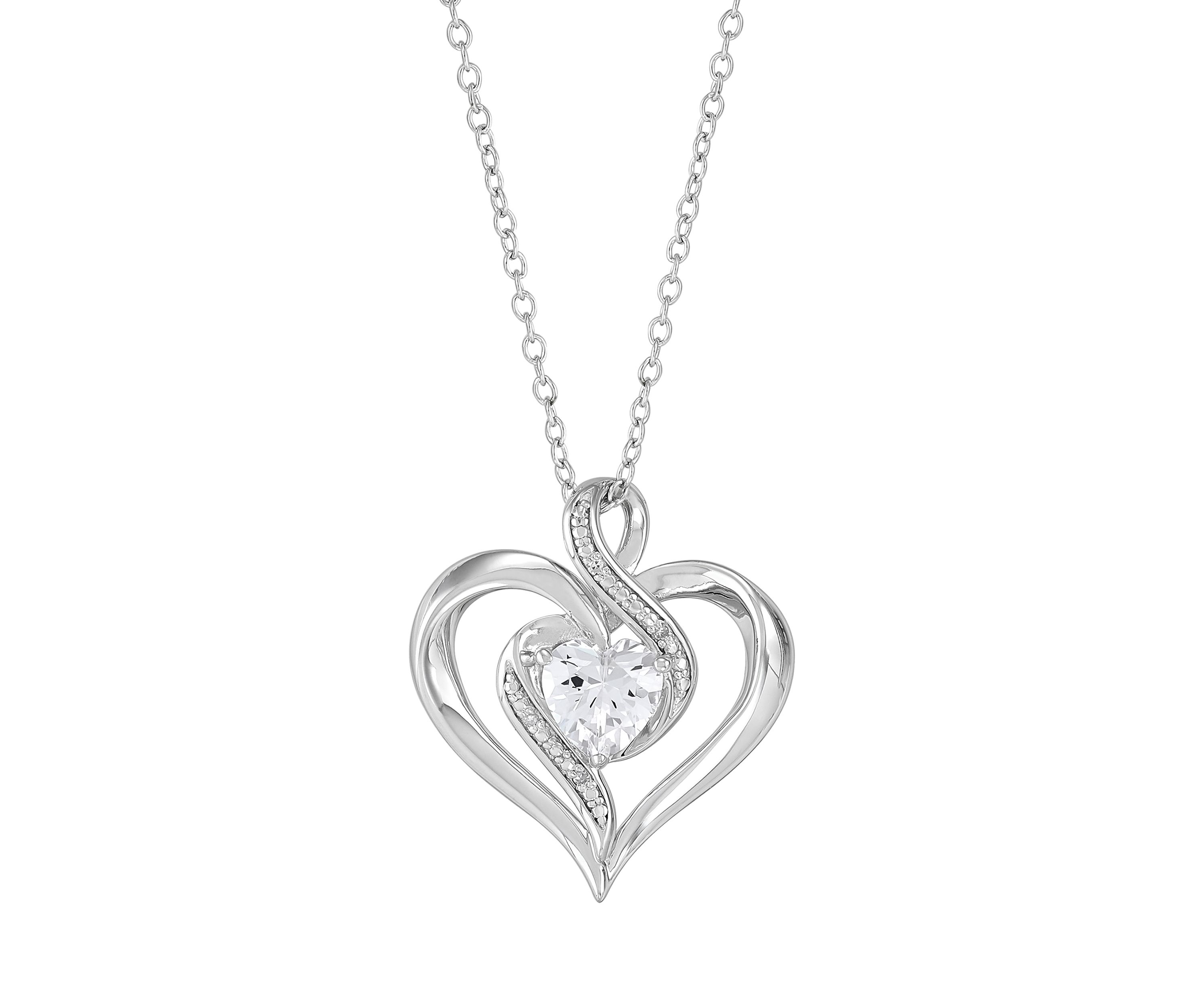 Lab Grown White Sapphire and Diamond Accent Heart Pendant with 18" Cable Chain in Sterling Silver