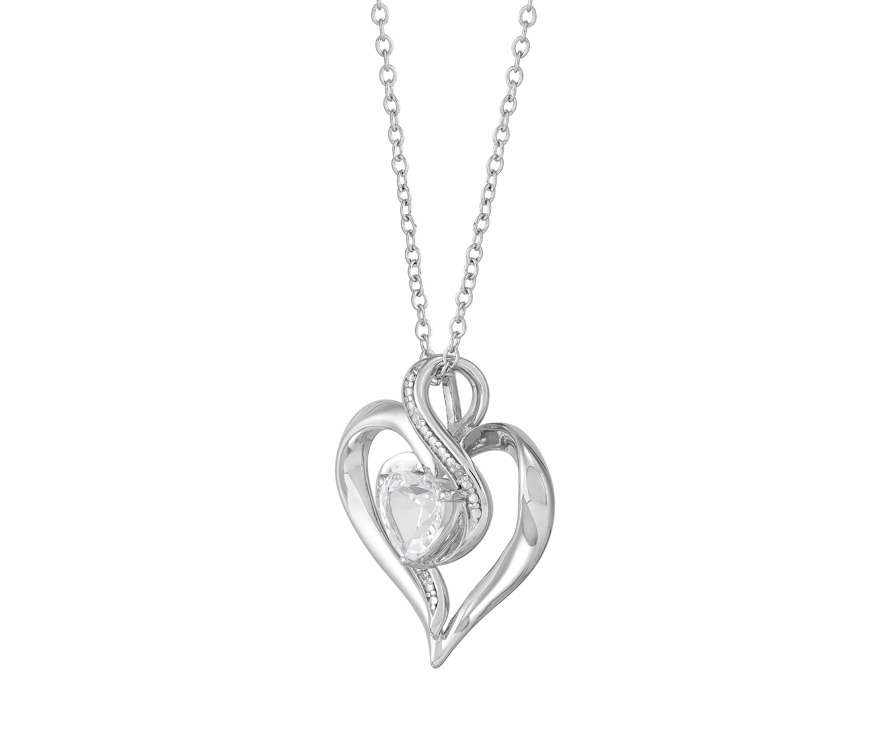 Lab Grown White Sapphire and Diamond Accent Heart Pendant with 18" Cable Chain in Sterling Silver
