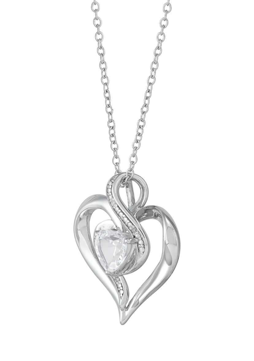 Lab Grown White Sapphire and Diamond Accent Heart Pendant with 18" Cable Chain in Sterling Silver