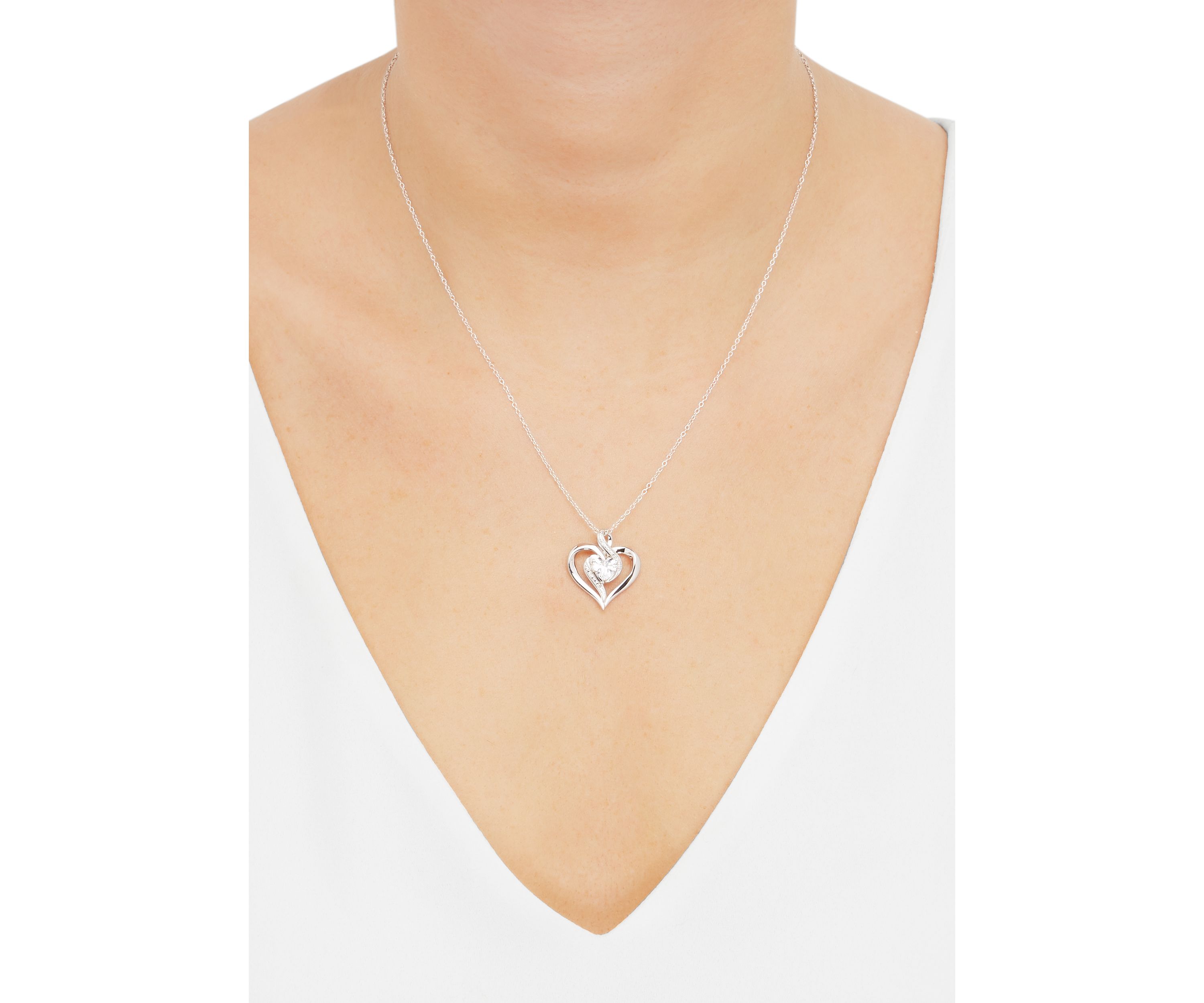 Lab Grown White Sapphire and Diamond Accent Heart Pendant with 18" Cable Chain in Sterling Silver