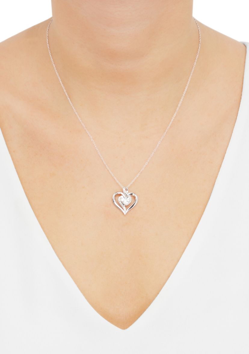 Lab Grown White Sapphire and Diamond Accent Heart Pendant with 18" Cable Chain in Sterling Silver