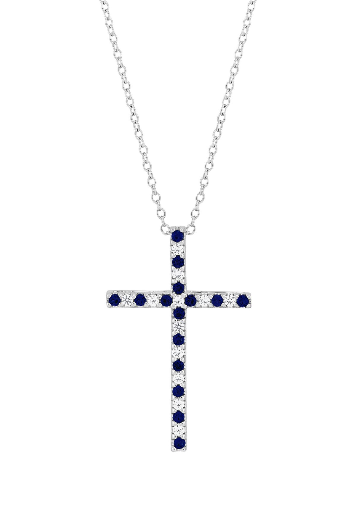Created Sapphire and Created White Sapphire Cross Pendant Necklace with 18" Box Chain in 10K White Gold
