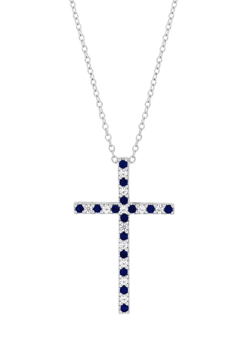 Created Sapphire and Created White Sapphire Cross Pendant Necklace with 18" Box Chain in 10K White Gold