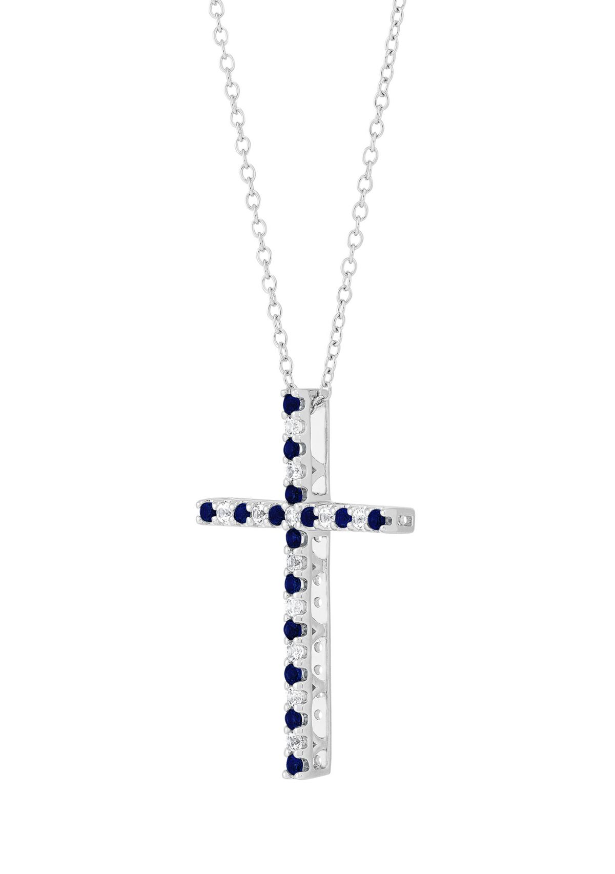 Created Sapphire and Created White Sapphire Cross Pendant Necklace with 18" Box Chain in 10K White Gold