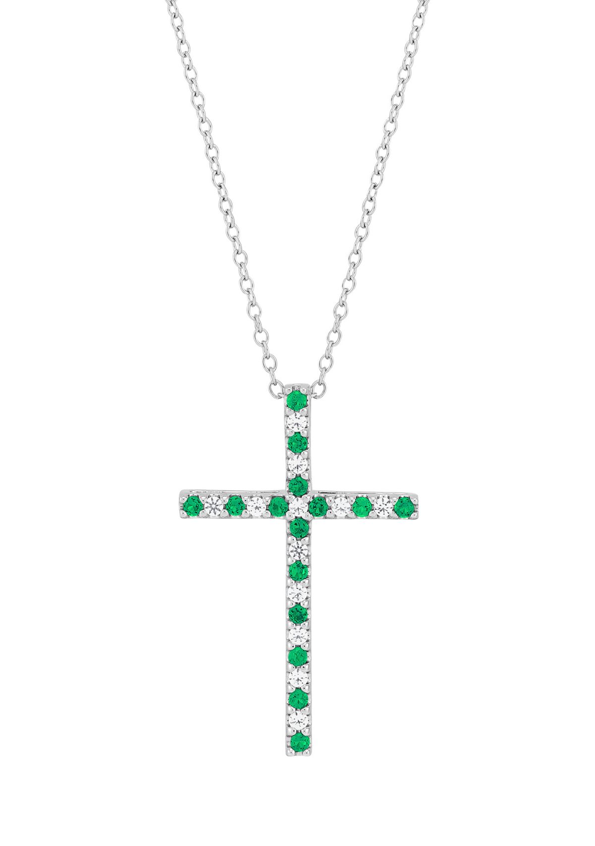 Created Emerald and Created White Sapphire Cross Pendant Necklace with 18" Box Chain in 10K White Gold