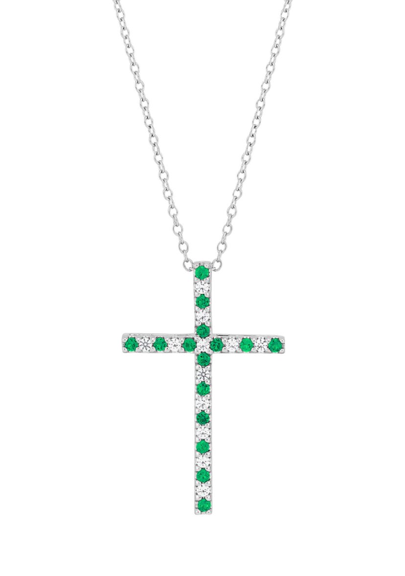 Created Emerald and Created White Sapphire Cross Pendant Necklace with 18" Box Chain in 10K White Gold