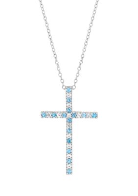 Belk & Co Aquamarine and Created White Sapphire Cross Pendant Necklace with 18" Box Chain in 10K White Gold